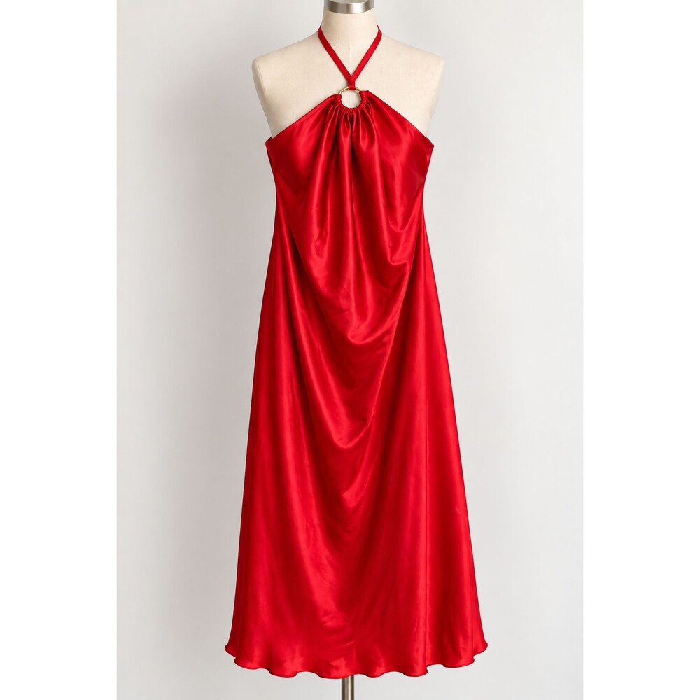 Bebe Red Satin Halter Midi Dress Gold Ring 2X Made in USA NWT Y2K Glam